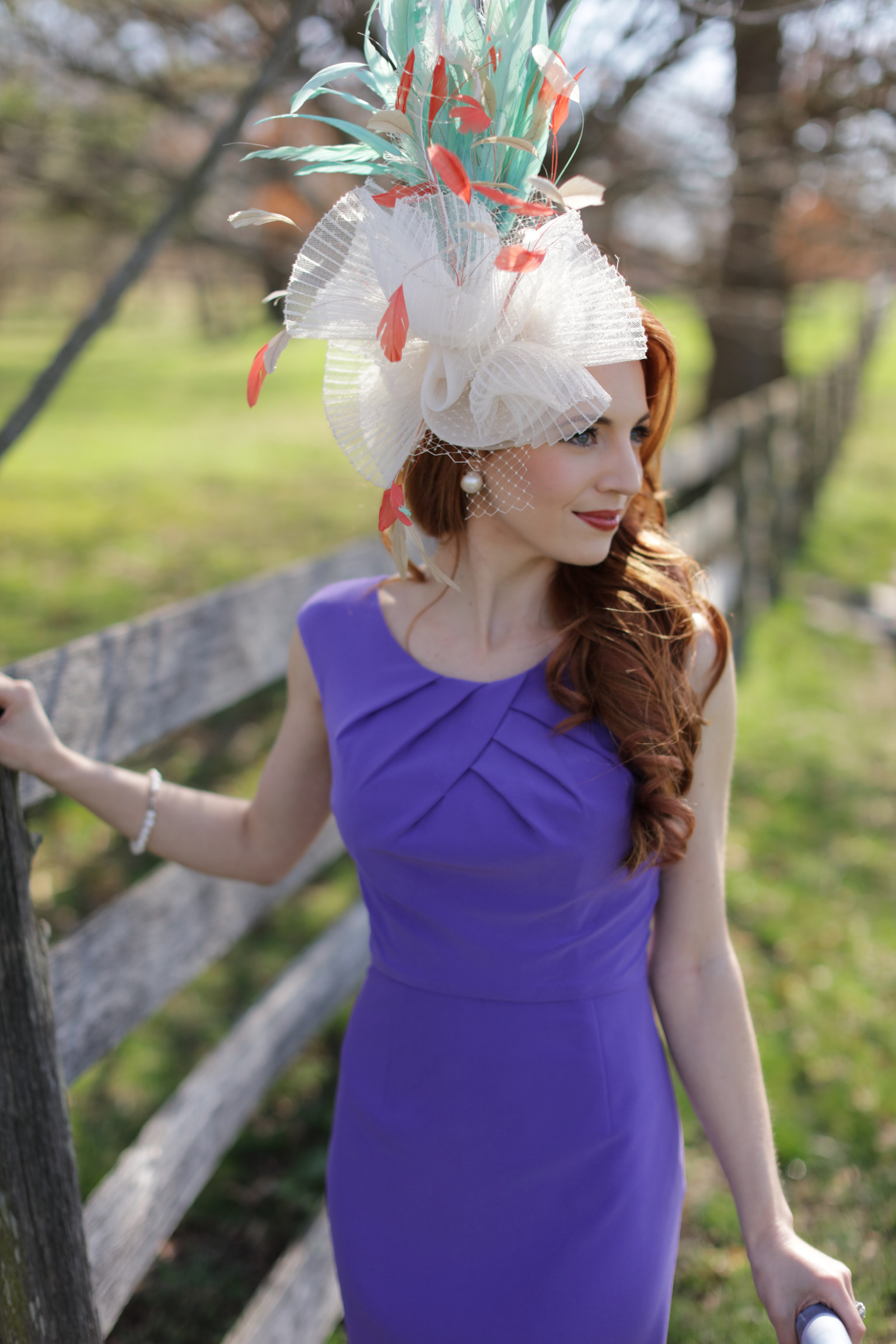 orange teal white Kentucky Derby Hat and purple dress