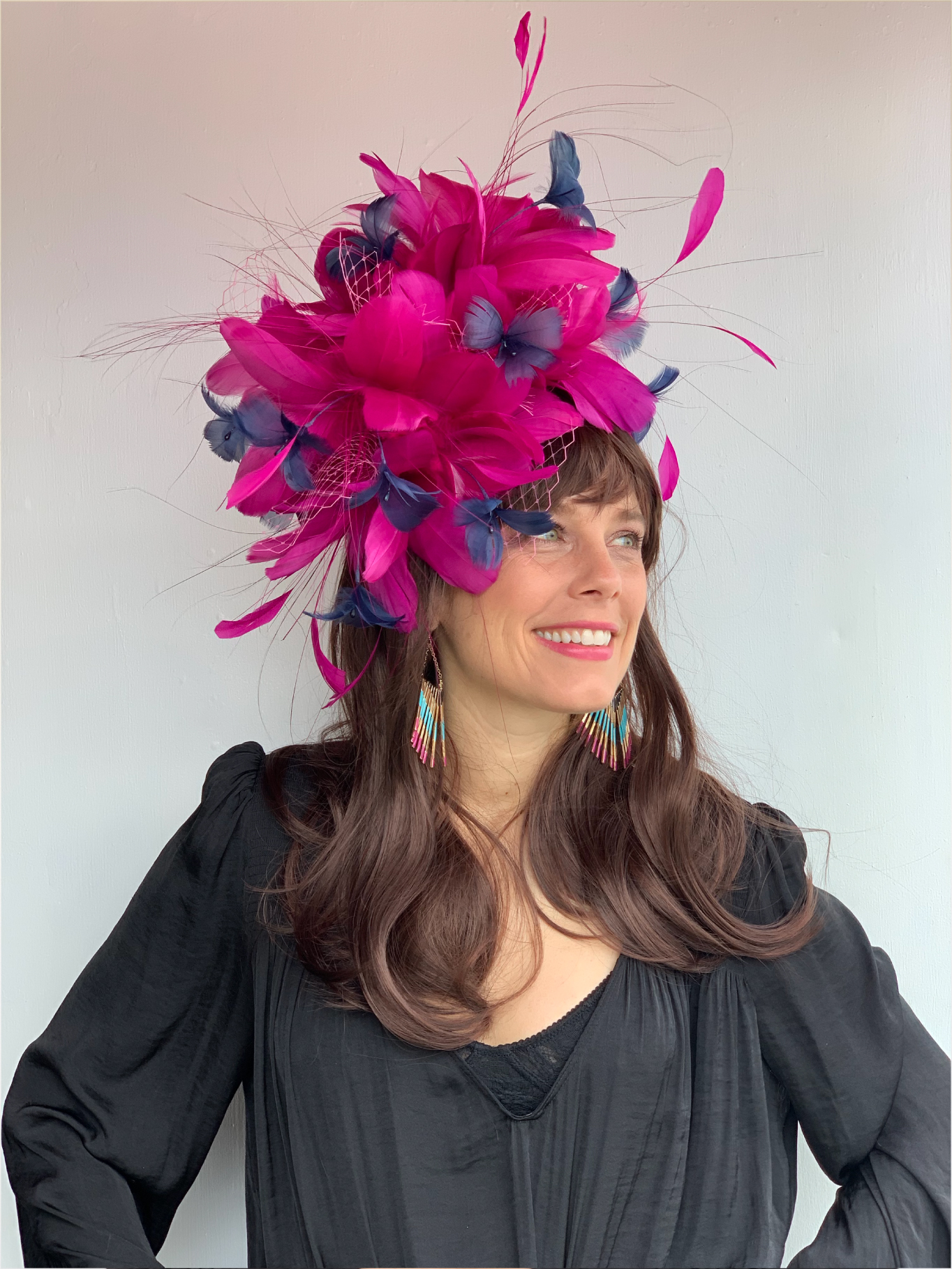 Kenzie Kapp Fascinator Derby Hat fuchsia flowers feathers